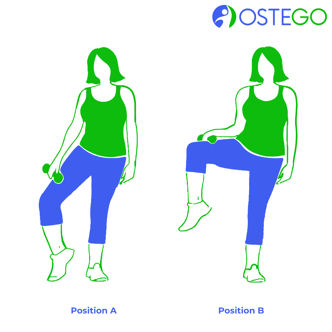 Drawing of a woman demonstrating a side knee raise exercise for osteoporosis prevention.