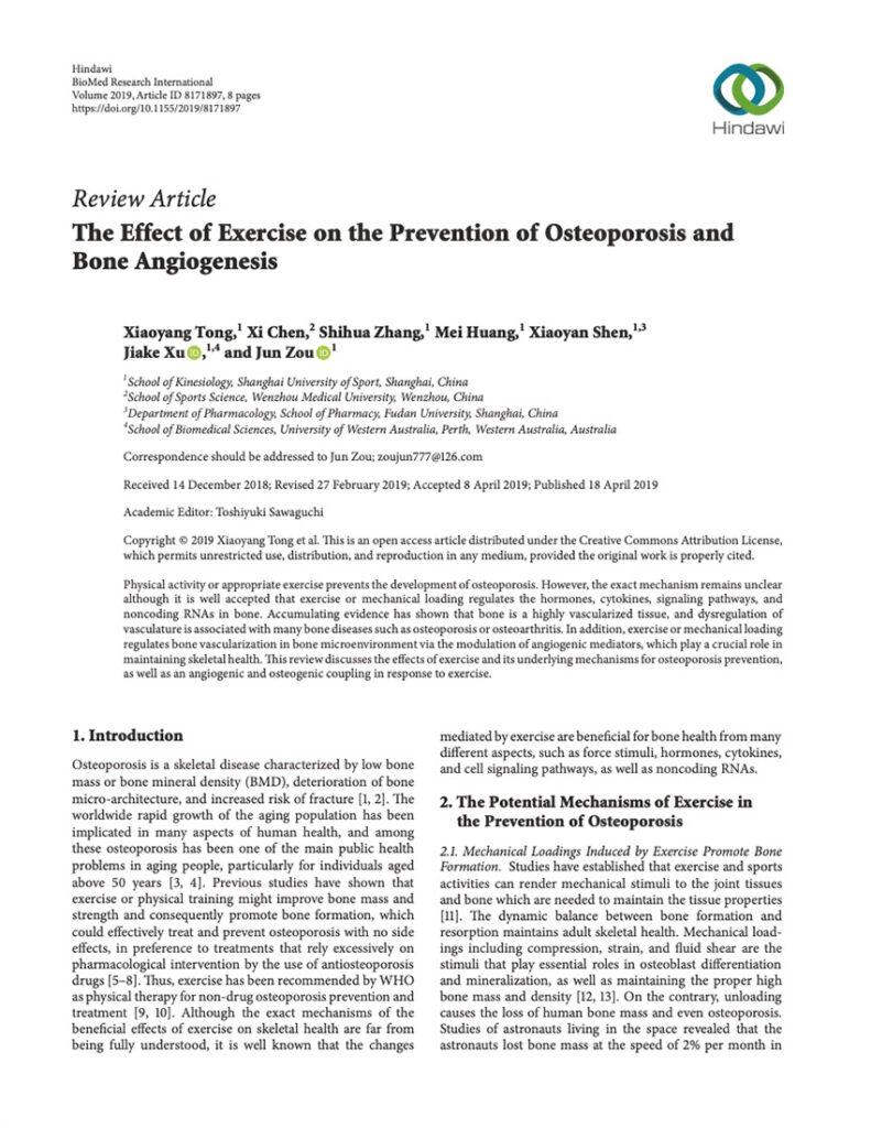 The Effect Of Exercise On The Prevention Of Osteoporosis And Bone Angiogenesis